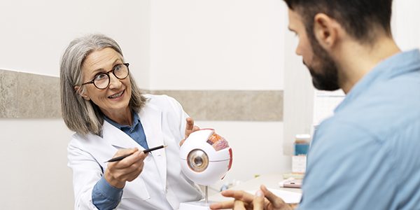 Oftalmóloga sénior explicando la anatomía del ojo a una paciente utilizando un modelo.
